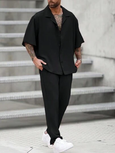 Manfinity Homme Loose Fit Men\ Solid Color Lapel Neck Shirt & Pants Set