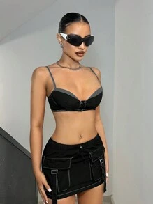 SHEIN ICON Y2K時尚夏季裝束，拼接色彩細肩帶背心配低腰實用裙子組成的兩件套裝，適合夏季穿著 - 黑色 - 查看 3