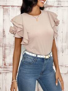 SHEIN Clasi Áo thun nữ tay xếp nếp hoa 3D lãng mạn cho mùa cưới - Màu be - Xem 6