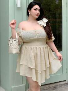 Dazy Plus Plus Size Polka Dot Fabric Square Neck Short Sleeve Short Dress With Cinched Waist Sundress,Mini Dress Cruise Outfit For Women - Apricot - View 8