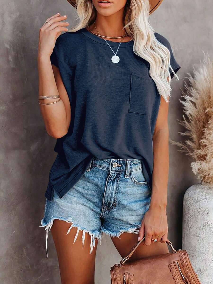 Camiseta de manga de murciélago unicolor para mujer, estilo veraniego, de ajuste holgado, informal, con bolsillo aplicado - Azul Marino - Ver 1
