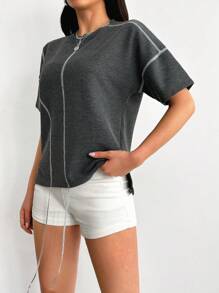 RueChic Tricou oversize cu broderie de culoare solidă pentru femei