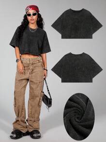 Coolane Women Heavyweight Basic Short Sleeve T-Shirt With Pure Cotton And Washed Technology - Black - View 2