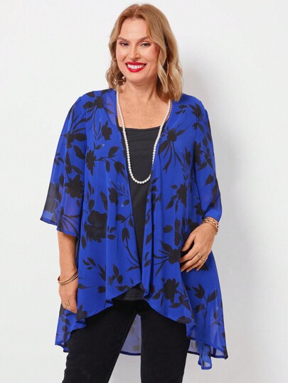 EMERY ROSE Cazadora para mamá elegante y maduro de talla grande con diseño de plantas para vacaciones, manga murciélago, corte asimétrico y suelto con frente abierto