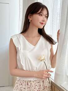 FRIFUL Versatile Simple Daily Cropped Cap Sleeve Shirt,Ruffle