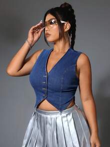 SHEIN ICON 大尺碼女裝純色休閒無袖牛仔上衣 - 藍色 - 查看 6