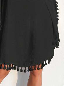 SHEIN Swim Women Fashionable Solid Color Fringe Hem Short Sleeve Hollow Out Cover-Up,Summer Beach