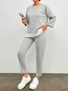 EURMUSE Drop Shoulder 2 In 1 Tee & Seam Detail Pants - Light Grey - View 4