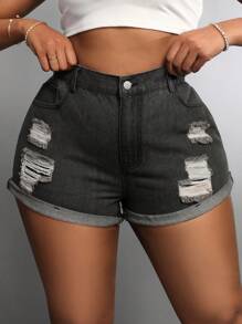 SHEIN SXY Plus Size Elastic-Free Stylish Distressed Folded Hem Denim Shorts