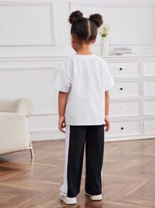 SHEIN Young Girl Knitted Solid Color Loose Letter Print Round Neck Casual T-Shirt And Knitted Color-Block Casual Loose Pants Two-Piece Set Kpop Outfit For Kidstrendy Outfit For Kidstrending Outfit For Young Girl