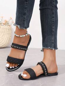 Giày sandal nữ đế bằng mới mùa hè Dép trắng - màu đen - Xem 4