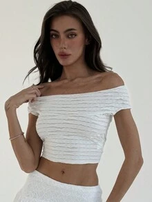 Aloruh Áo thun nữ cổ tròn tay ngắn vải họa tiết cắt ngắn màu trắng trơn cho những buổi đi chơi thường ngày - trắng - Xem 4