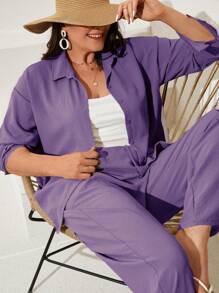 SHEIN Cottnline Plus Button Up Drop Shoulder Shirt & Wide Leg Pants - Purple - View 8