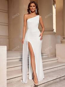 ADYCE Asymmetrical Neck Elegant Asymmetrical Neckline Sparkly Split Thigh Long Ribbon Dance Party Prom Dress Wedding Guest Dress Formal Dress Evening Dress