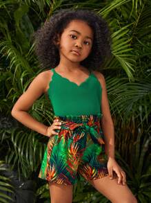 SHEIN SLAYR KIDS Young Girl Knitted Solid Color Sleeveless Top With Shoulder Cutouts And Woven Loose-Fit Floral Print Casual Vacation Shorts Set