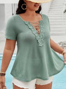 Calvaya Plus Size Women's Fashion Solid Color Lace Short Sleeve T-Shirt