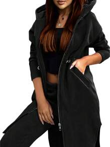 SHEIN LUNE 女士春秋寬鬆肩長袖拉鍊前背帶帽休閒外套和褲子套裝 - 黑色 - 查看 1