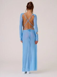 MUSERA Sukienka maxi z siateczki z kwiatowym nadrukiem i odkrytymi plecami, wakacje, lato, pastelowe, dla gości weselnych, przezroczysta, dla gości weselnych, wakacje na plaży, dla gości weselnych, elegancka, randkowa, jesienno-zimowa, letnia - Niebieski - Zobacz 2