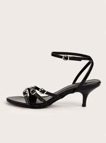 Sandálias pretas sexy com fivela, saltos finos para casamento ou festa, saltos gatinho, looks de primavera e verão - Preto - Visão 3