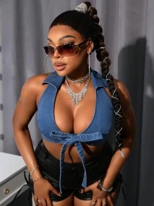 SHEIN SXY Talla grande Top sexy de mezclilla con cuello de cordones, adecuado para uso diario en primavera y verano - Azul lavado medio - Ver 2