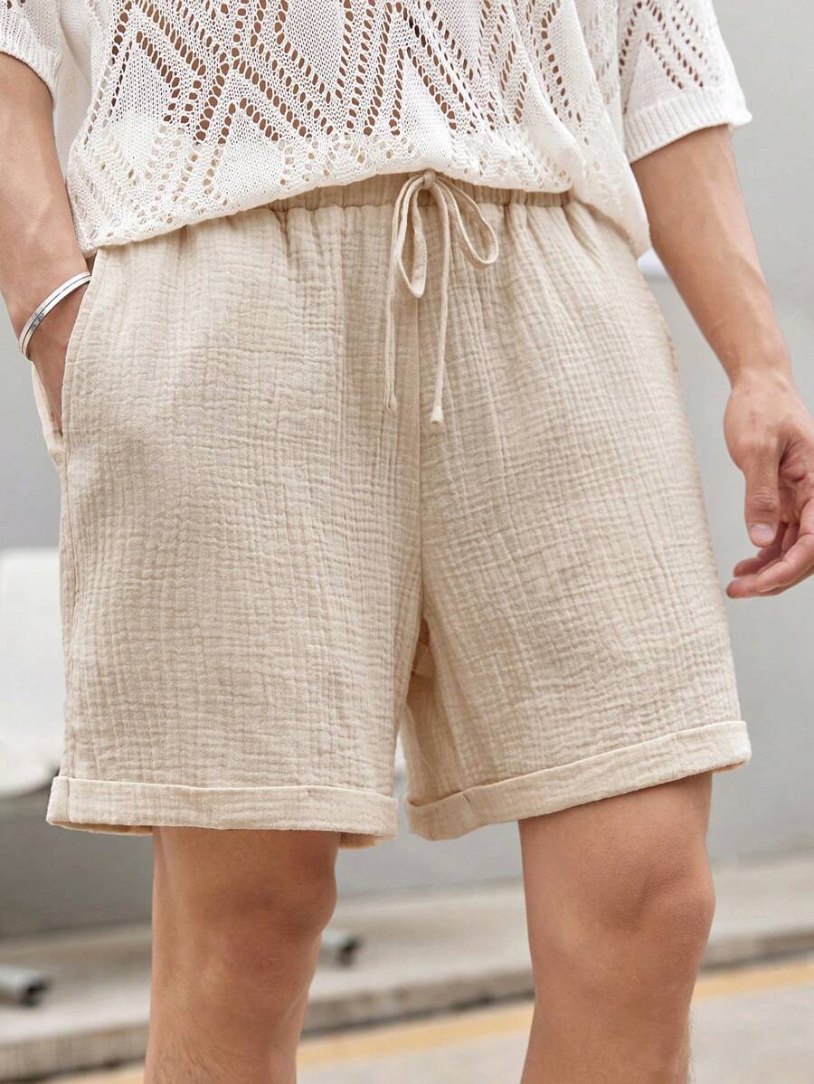 Manfinity RelaxMax 男士夏季休閑純色紋理寬腿短褲 - 杏色 - 查看 1