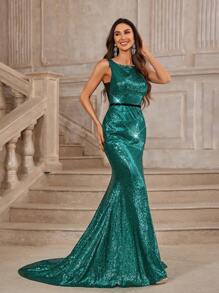 SHEIN Belle Gorgeous Sequined High Slit Mermaid Evening Dress - Dark Green - View 7