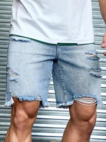Manfinity Roughcore Men Light Blue Distressed Straight-Leg Denim Shorts - Light Wash - View 1