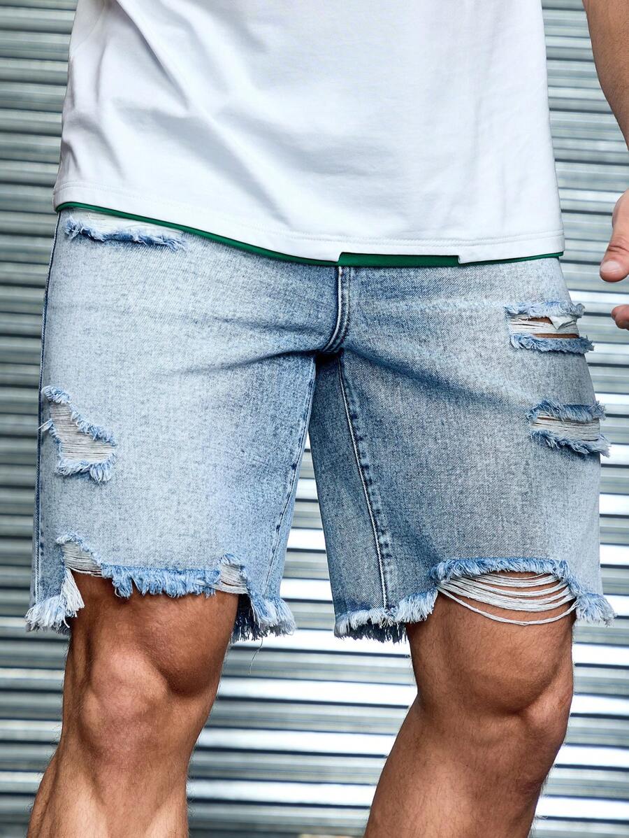 Manfinity Roughcore Men Light Blue Distressed Straight-Leg Denim Shorts - Light Wash - View 1