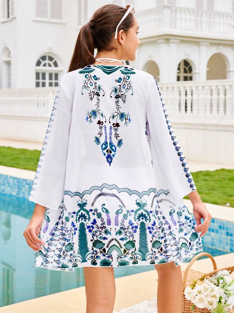 Teen Girl One Piece Kimono Style Dress With Lace Flower Patchwork Lantern Sleeves Vacation Style Print And Beach Cover Up SHEIN