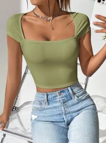 SHEIN EZwear 夏季休閒實色修身短袖腰部截斷T卹 - 軍綠色 - 查看 4
