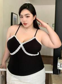 Dazy Plus Plus Size Summer Slim Fit Color Block Lace Splice Sexy Camisole Top