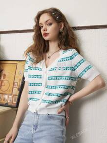 Fairy Pocket Striped V-Neck Short-Sleeved Knitted Cardigan For Women, 2023 Summer New Arrival, Petite And Slim-Fit