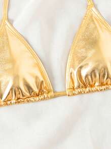 Swim SXY Summer Beach Women's Metal Texture Solid Color Sexy Halter Neck Bikini Top