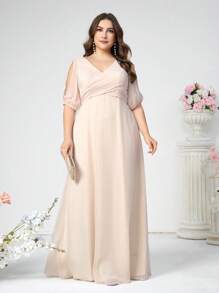 SHEIN Belle Ladies Elegant Khaki Chiffon Deep V-Neck Bridesmaid Dress In Plus Size, Features Cross-Front Draping, Pleating, Cold-Shoulder Lantern Sleeves And A-Line Dress For Wedding And Other Formal Occasions