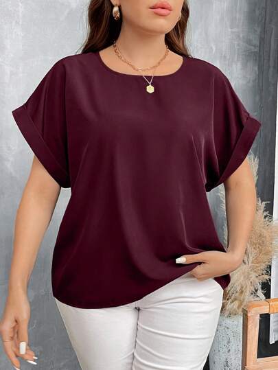 SHEIN LUNE Plus Size Women Summer Solid Color Round Neck Batwing Short Sleeve Loose Shirt