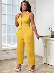 SHEIN Lady Plus Size Yellow Sleeveless Vest Suit With Single-Breasted Button And Pocket - Yellow - View 4