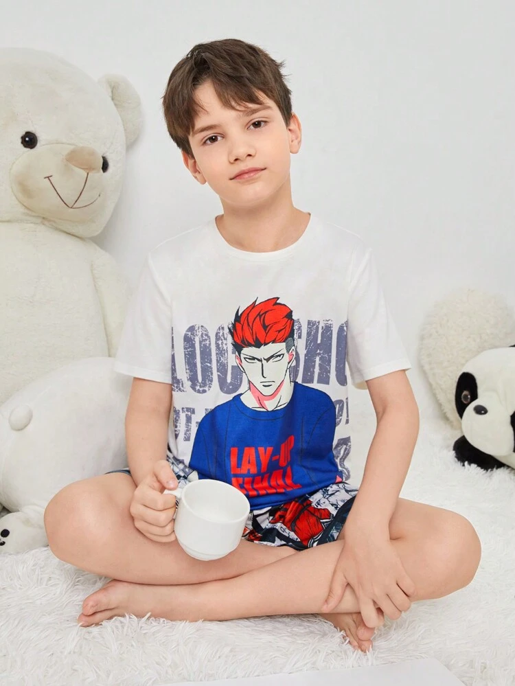 Tween Boy Loose And Comfortable Knitted Cartoon Character Printed Pajama Set For Home