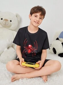 SHEIN 青少年男孩蜘蛛紋夏季休閒防火家居睡衣套裝 - 黑色 - 查看 4
