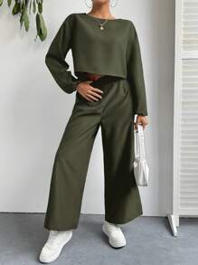 SHEIN Essnce Conjunto casual de 2 piezas con top de manga larga y pantalones de color liso para mujer