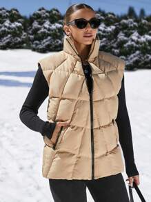 SHEIN Cottnline Down Vest Coat With Slanted Pockets, Zipper - Beige - View 3
