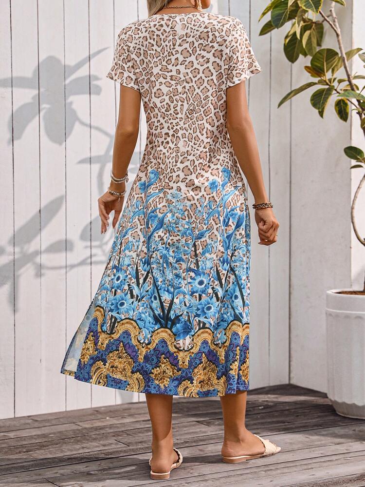 Women Fashionable Leopard Print Short Sleeve V-Neck Dress