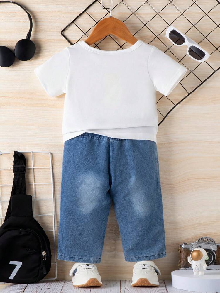 Baby Boy Summer Solid Color Round Neck Short Sleeve Casual T-Shirt And Ripped Jeans Casual Outfit