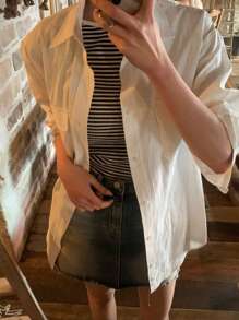 DAZY 女款條紋短版船領修身背心，夏季學院風外出上衣 - 黑與白 - 查看 3