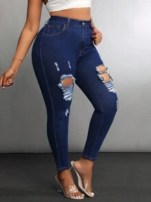 SHEIN SXY 大尺碼女性修身休閒牛仔褲，有口袋和破損細節，適合日常穿著 - 深色水洗藍 - 查看 6