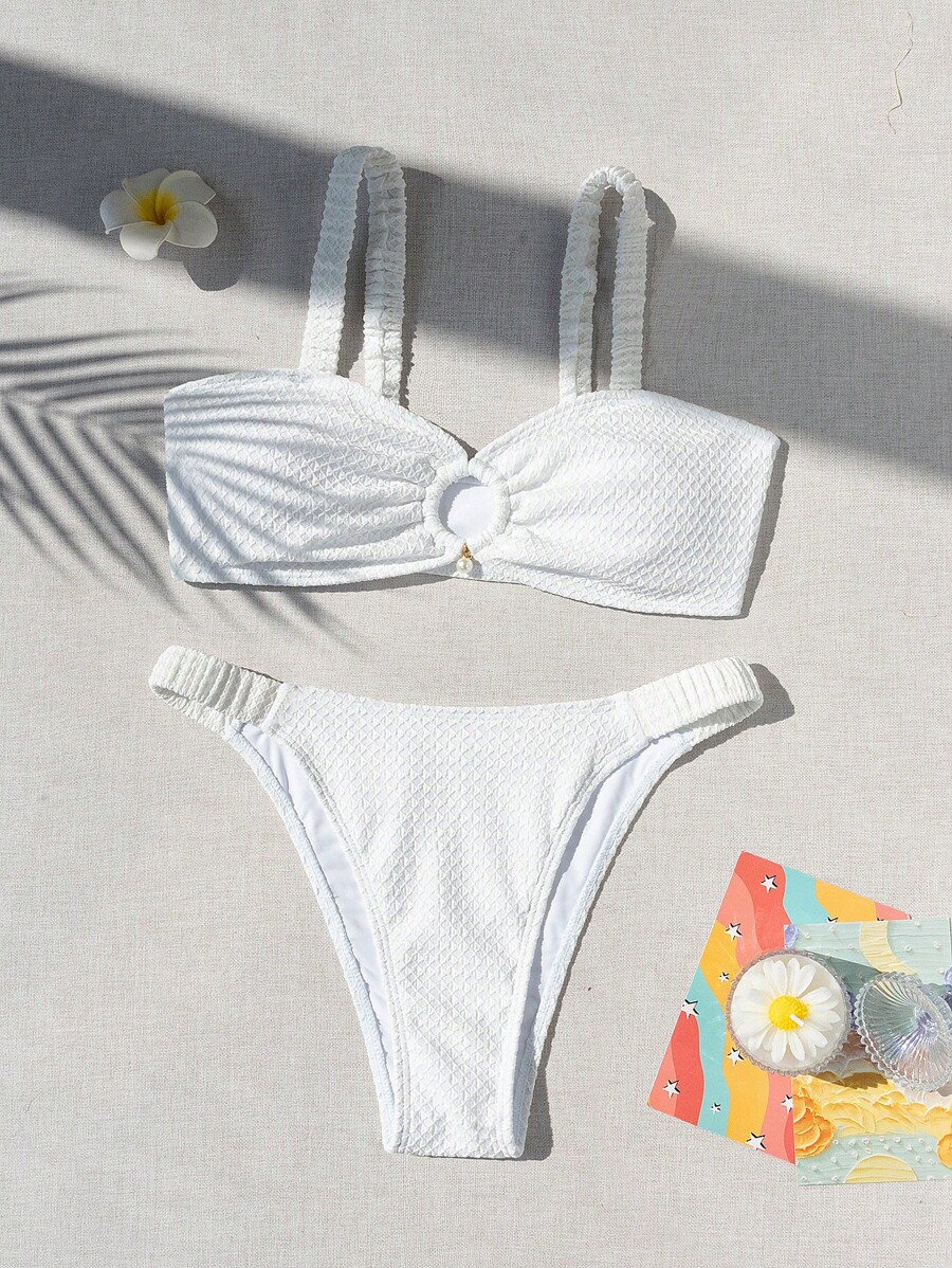 SHEIN Swim مجموعة بيكيني بلون سادة نسج مضلع لشاطئ الصيف - أبيض - مشاهدة 1
