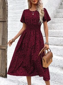 SHEIN LUNE Women Elegant Short Sleeve Round Neck Waist Tie Long Printed Dress For Summer Holiday For New Year Clothes Maxi Women Outfit - Red - View 6