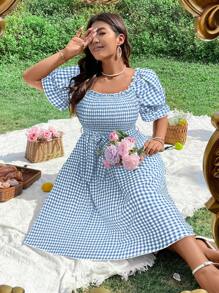 Flirla 大尺碼女性洋裝，斜方領A字型，兩色格子款式，非常適合戶外野餐 - 藍色 - 查看 5
