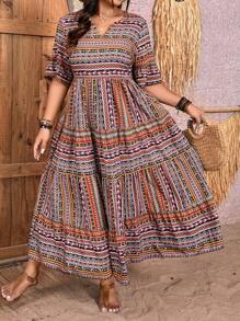 Breezaya Plus Size Women Vacation Bohemian Floral V-Neck Long Elegant Flare Sleeve Dress With Notched Neckline, For Christmas Maxi Women Outfit