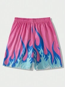 ROMWE MEN Street Life 男款火焰標語印花短褲，適合春夏日常穿著 - 彩色 - 查看 2