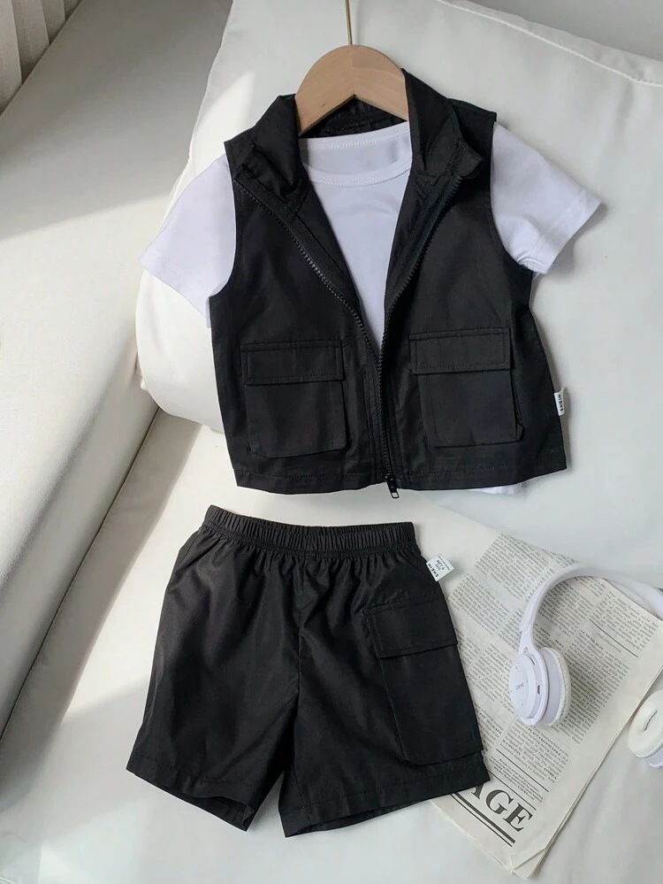 3pcs/Set Baby Boys Work Vest Jacket With Zipper & Patchwork & Big Pocket Shorts, Fashionable Baby Boys T-Shirt And Shorts Set